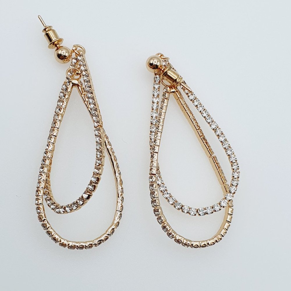 "14K Gold Plated Geometric Statement Long Drop Earrings, - Picture 3 of 3
